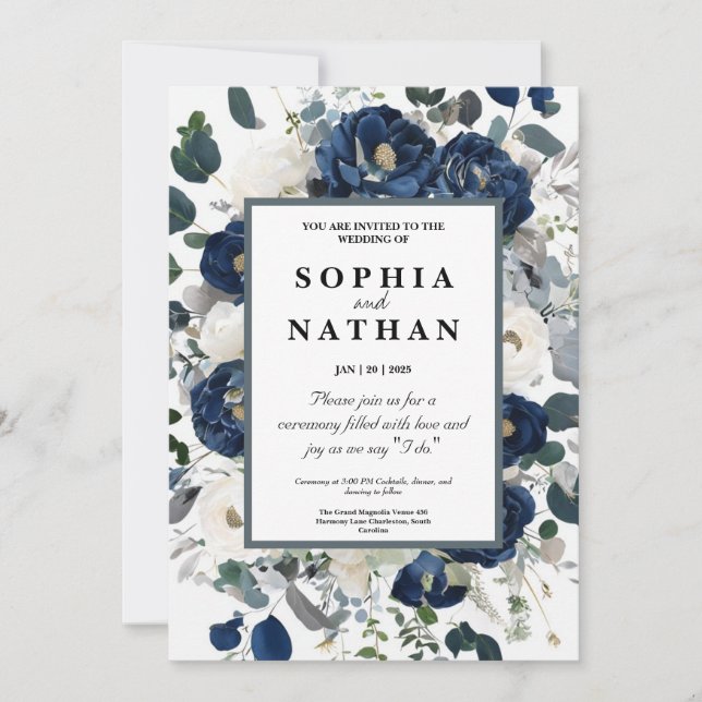 Invitation Elégante marine florale et Mariage blanc (Devant)