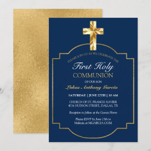 Invitation Élégante Marine Gold Première Sainte Communion