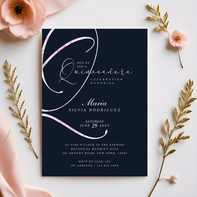 Invitation Elégante Marine Minimale & Pink Script Quinceañera (Elegant Minimal Navy & Pink Script Quinceañera Invitation)