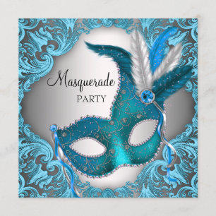 Invitation Élégante mascarade bleue Turquoise d'argent