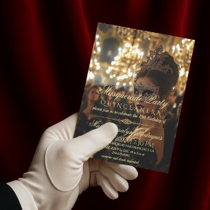 Invitation Elégante Mascarade en or noir Quinceanera Photo