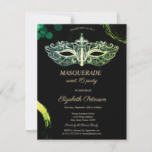 Invitation Elégante Mascarade noire, Chic Masque Sweet 16