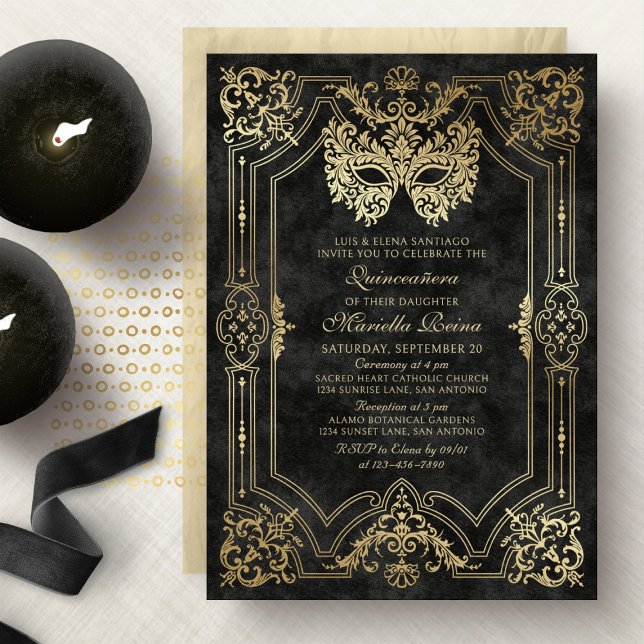 Invitation Elégante Mascarade noire Mascaré Quinceanera (Créateur téléchargé)