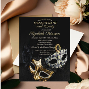 Invitation Elégante Mascarade noire, Masque Sweet 16