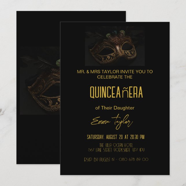 Invitation Elégante Mascarade noire Quinceañera 15 Anniversai (Devant / Derrière)