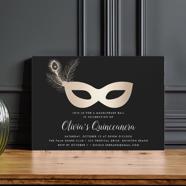 Invitation Elégante Mascarade Or Thème Quinceanera (Créateur téléchargé)