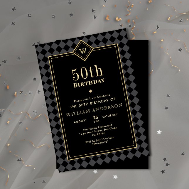 Invitation Elégante Masculine Noir & Or Jalon Anniversaire (Elegant Black & Gold Masculine Milestone Birthday Invitation)