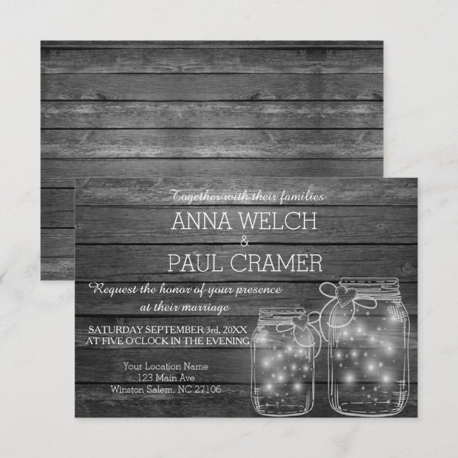 Invitation Elégante Mason rustique Jar Lights B&W Mariage Car (Devant / Derrière)