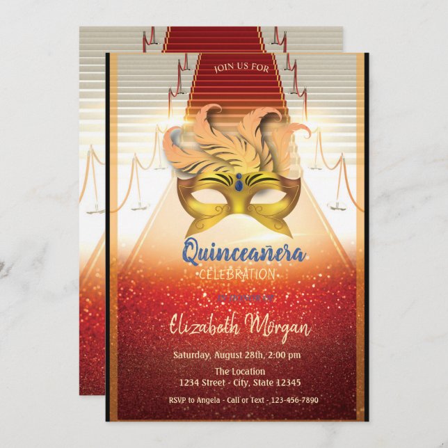 Invitation Elégante Masque Or, Quinceanera Tapis Rouge (Devant / Derrière)