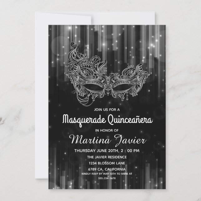 Invitation Elégante Masquerade Quinceañera Black 15e annivers (Devant)