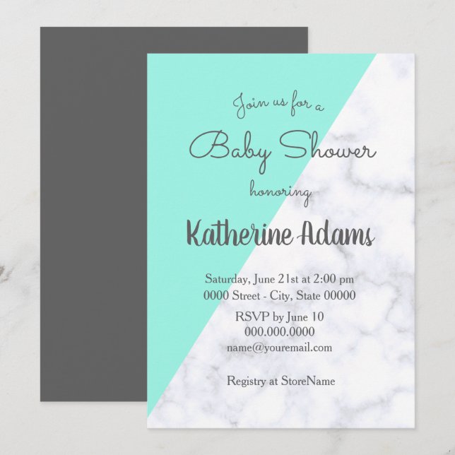 Invitation Elégante menthe et baby shower en marbre blanc (Devant / Derrière)