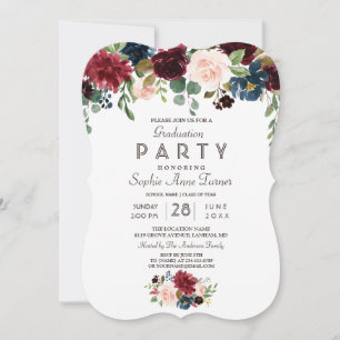 Invitation Élégante Merlot Navy Blue Floral Graduation Party