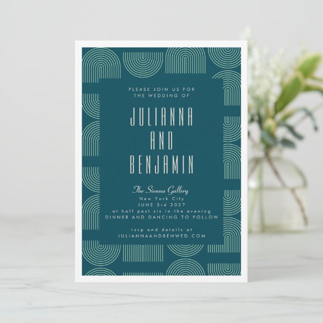 Invitation Elégante Mid Arch Lines Turquoise Blue Mariage (Debout devant)