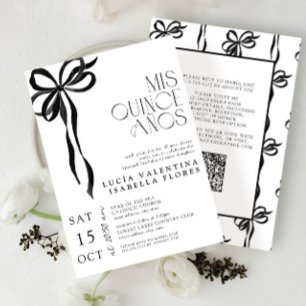 Invitation Elégante Mis Noir Bow Quince Años QR Quinceañera
