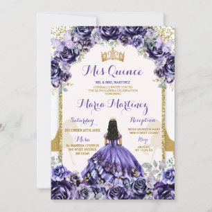 Invitation Elégante Mis Quince Purple & Fleurs Papillon