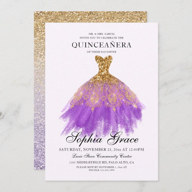 Invitation Elégante Mis Quince Purple Gold Parties scintillan (Devant / Derrière)