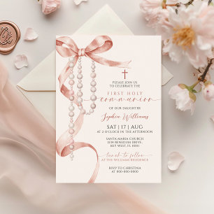 Invitation Élégante Mocha Bow & Rosary Première sainte commun