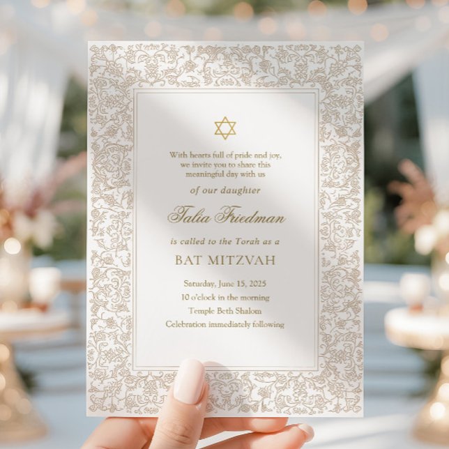 Invitation Élégante moderne Bat Mitzvah florale en or (Créateur téléchargé)