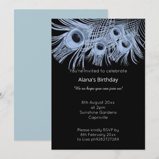 INVITATION ÉLÉGANTE MODERNE BLEU BLACK PEACOCK FEATHERS (Devant / Derrière)