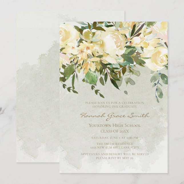 Invitation Élégante Moderne Fleur Blanche Eucalyptus Diplômée (Devant / Derrière)