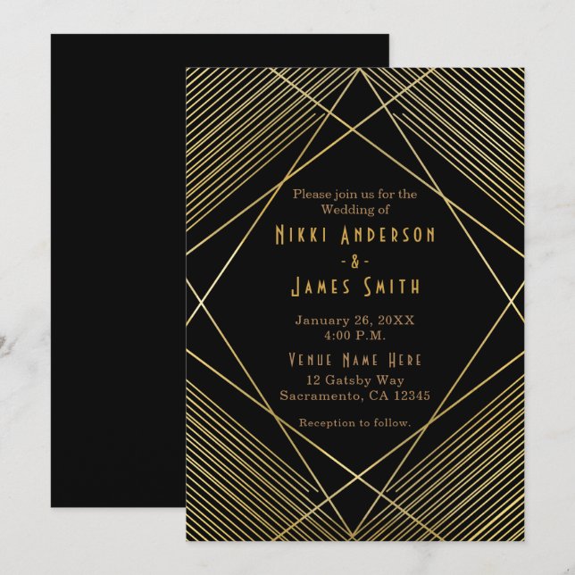 Invitation élégante moderne Gold & Black Deco Glam (Devant / Derrière)