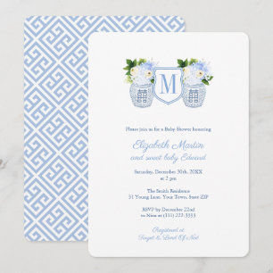 Invitation Elégante Monogram Blue White Boy Baby shower Party