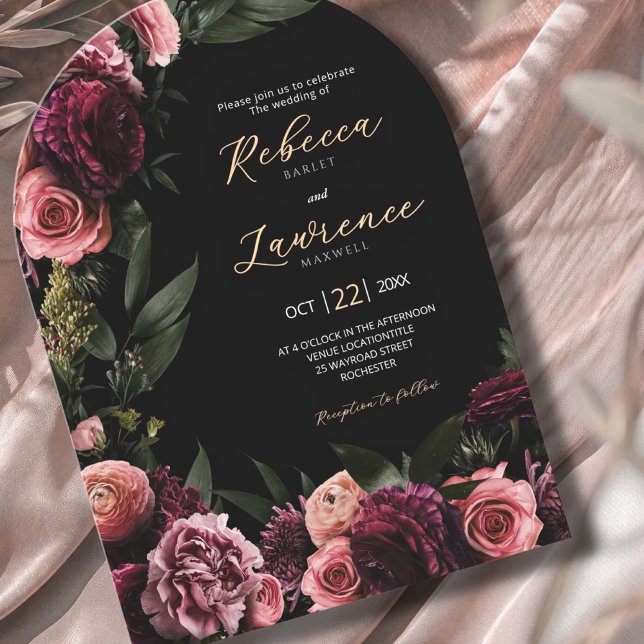 Invitation Élégante Moody fleurs mariage arche noire (Créateur téléchargé)
