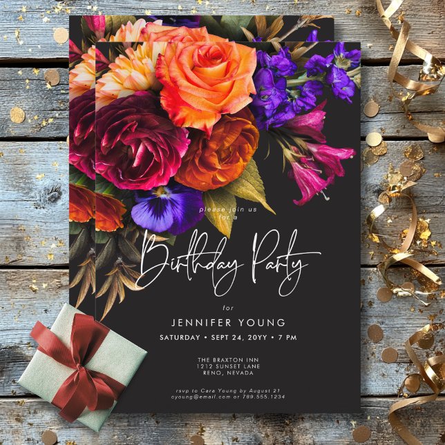 Invitation Élégante Moody Vibrant Harvest Floral Anniversaire (Elegant Moody Vibrant Harvest Floral Birthday Invitation)