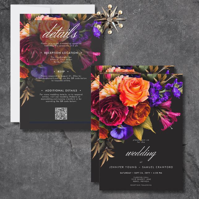 Invitation Élégante Moody Vibrant Harvest Floral Tout en un (Elegant Moody Vibrant Harvest Floral All In One Invitation)
