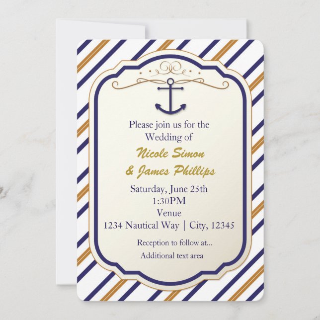 Invitation élégante nautique ancre bleu blanc or (Devant)