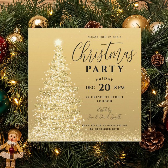 Invitation Élégante Noël Arbre de fête Gold Holiday (Elegant Christmas Tree Party Gold Holiday Invitation)