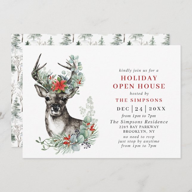 Invitation Élégante Noël de cerfs HOLIDAY OPEN HOUSE (Devant / Derrière)