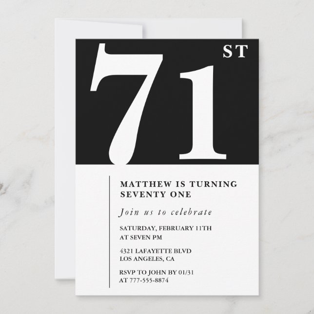 Invitation élégante noir blanc pour 71e anniversai (Devant)