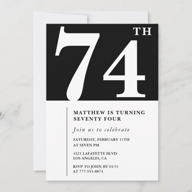Invitation élégante noir blanc pour 74e anniversai (Devant)