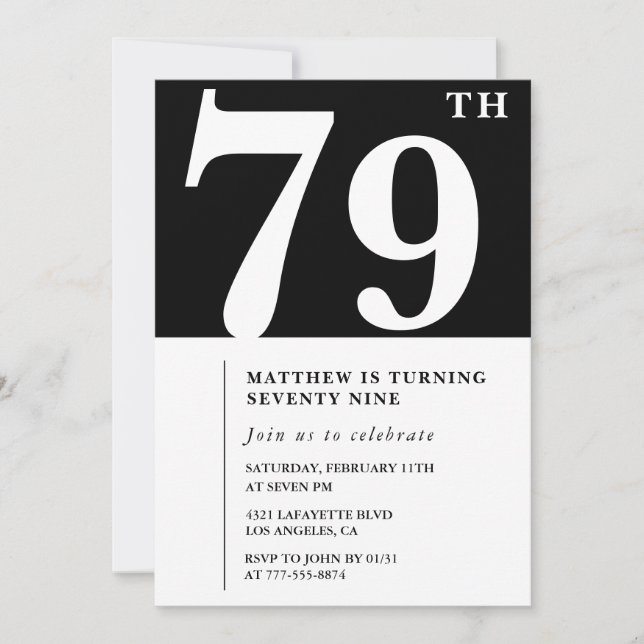 Invitation élégante noir blanc pour 79e anniversai (Devant)
