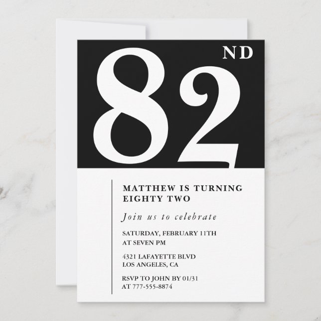 Invitation élégante noir blanc pour 82ème annivers (Devant)
