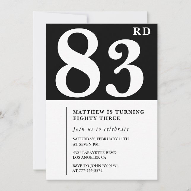 Invitation élégante noir blanc pour 83e anniversai (Devant)