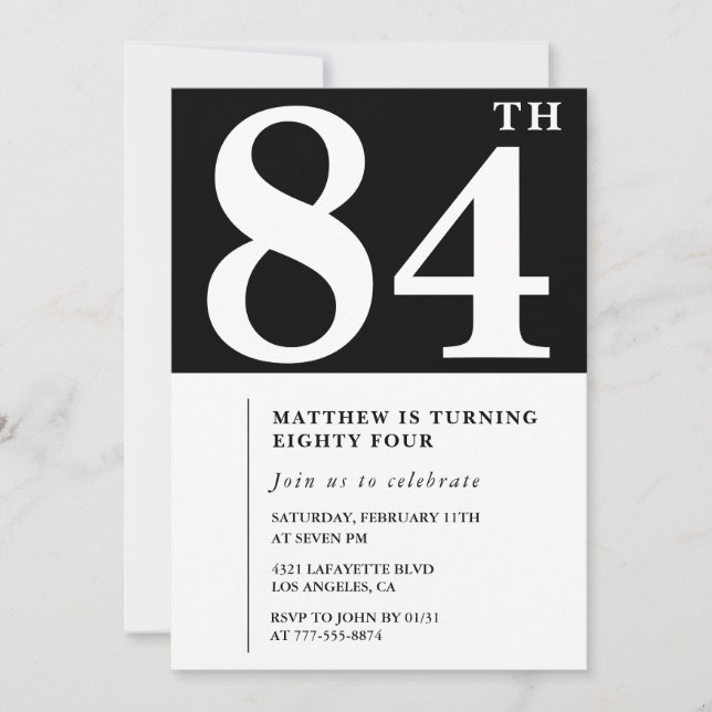 Invitation élégante noir blanc pour 84ème annivers (Devant)