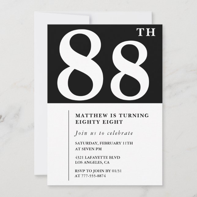 Invitation élégante noir blanc pour 88e anniversai (Devant)