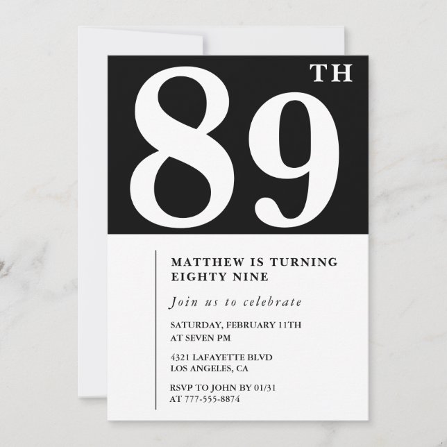 Invitation élégante noir blanc pour 89e anniversai (Devant)