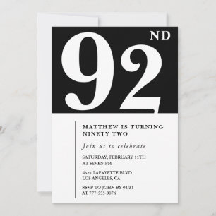 Invitation élégante noir blanc pour 92e anniversai