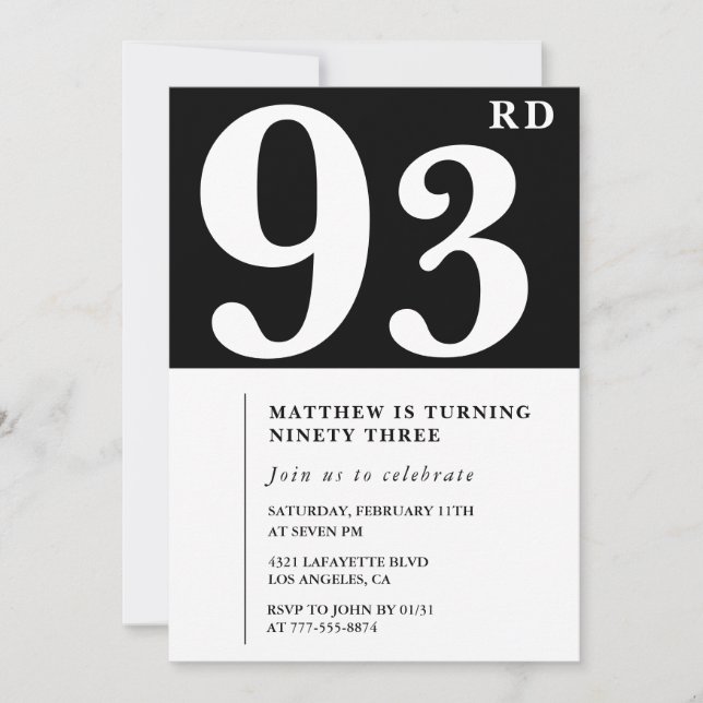 Invitation élégante noir blanc pour 93e anniversai (Devant)