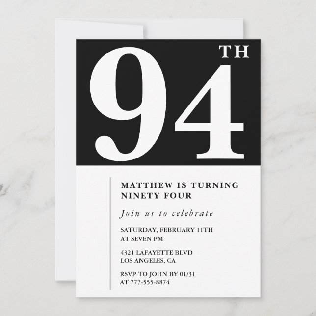 Invitation élégante noir blanc pour 94e anniversai (Devant)