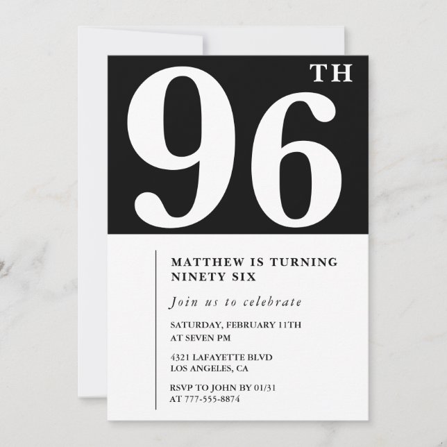 Invitation élégante noir blanc pour 96ème annivers (Devant)