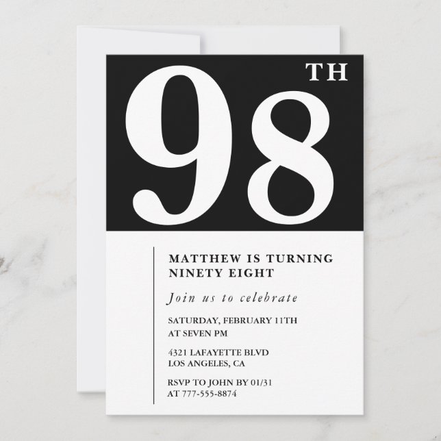 Invitation élégante noir blanc pour 98ème annivers (Devant)