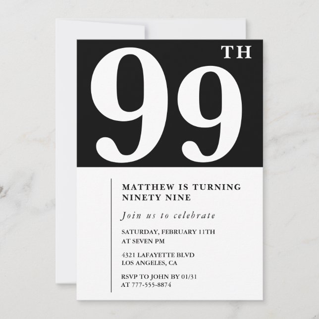 Invitation élégante noir blanc pour 99ème annivers (Devant)