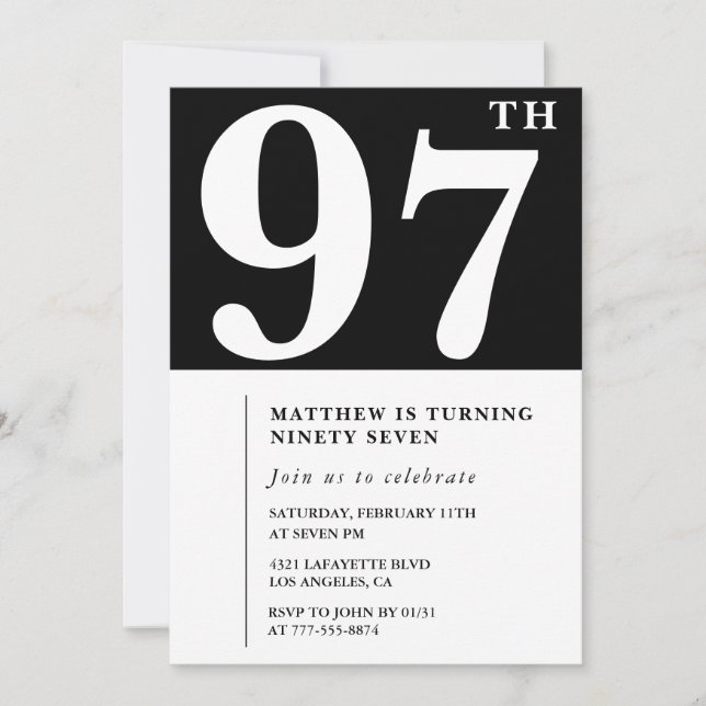 Invitation élégante noir blanc pour le 97e anniver (Devant)