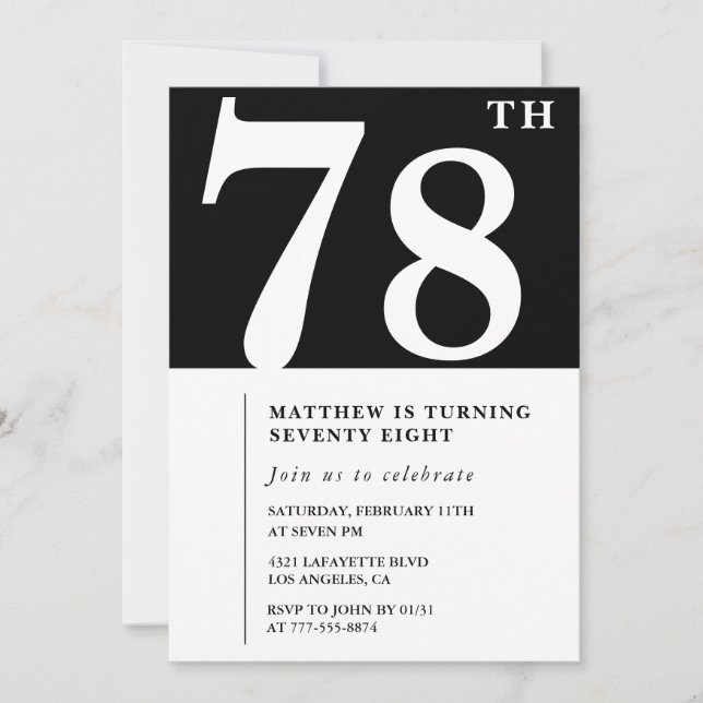 Invitation élégante noir blanc pour les 78 ans (Devant)