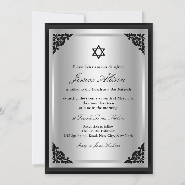 Invitation élégante noir et argent pour bat-mitzva (Devant)