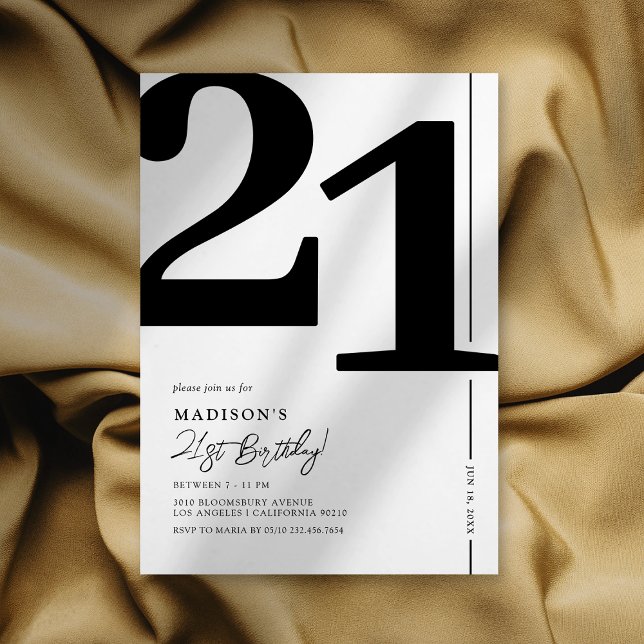 Invitation élégante noir et blanc pour 21e anniver (Créateur téléchargé)